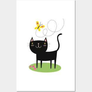 Black cat and butterfly Posters and Art